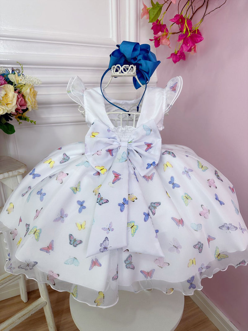 Vestido Infantil Branco Borboletas Coloridas Peito Plissado (1195BR)