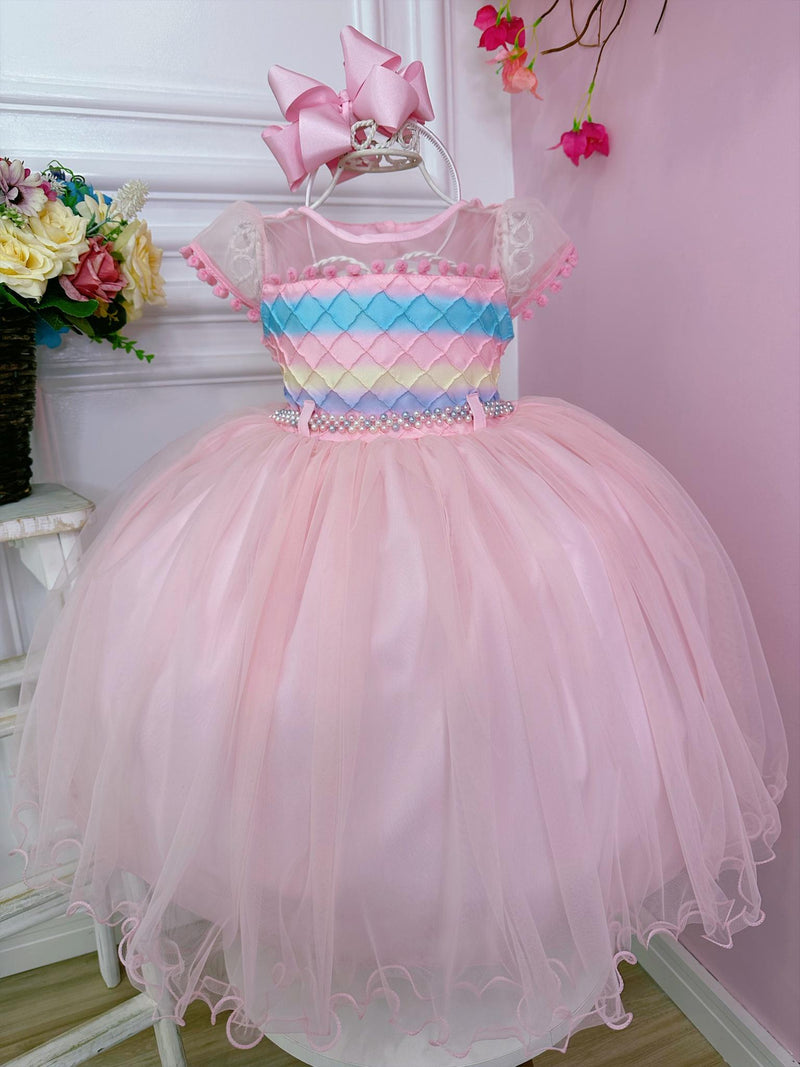 Vestido Infantil Chuva de Amor Busto Nervura C/ Pompons (3573RS)