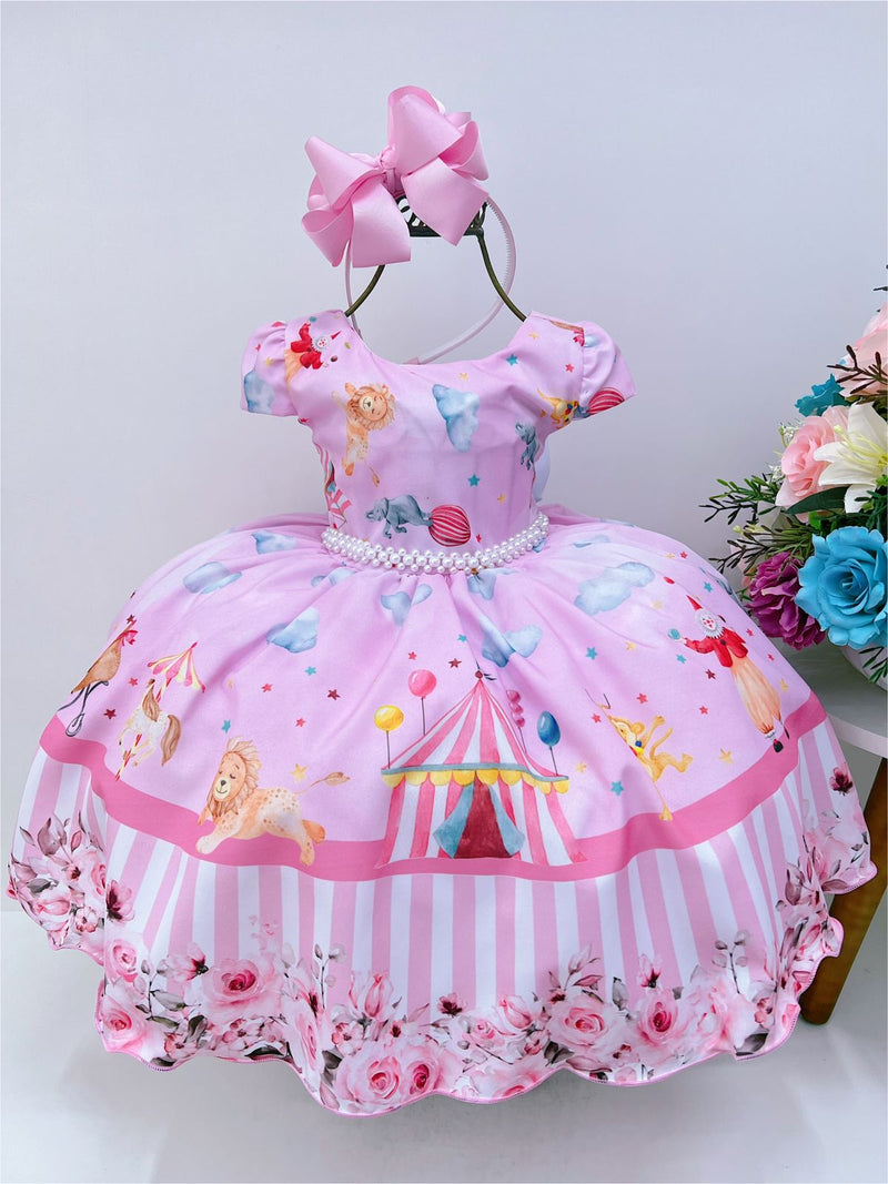 Vestido Infantil Circo Rosa Floral C/ Cinto Pérolas Festas