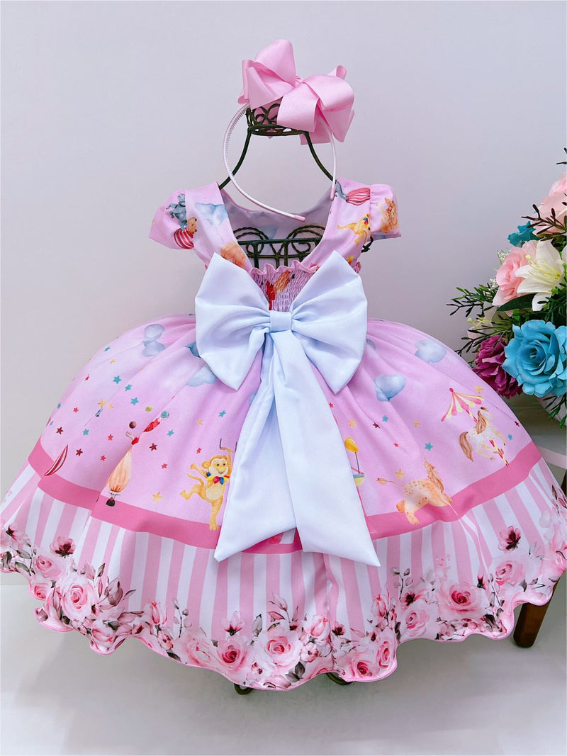 Vestido Infantil Circo Rosa Floral C/ Cinto Pérolas Festas