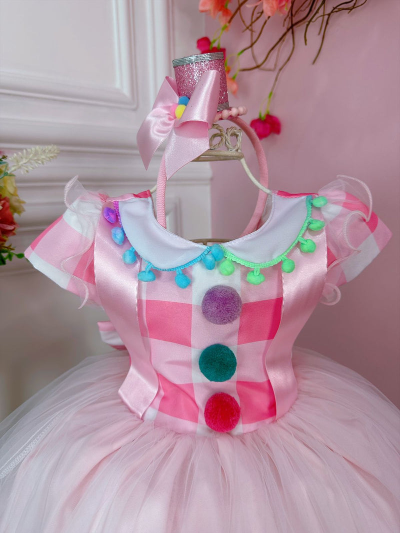 Vestido Infantil Circo Rosa Com Pompons Coloridos