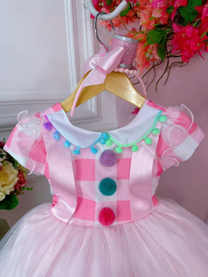 Vestido Infantil Circo Rosa Com Pompons Coloridos