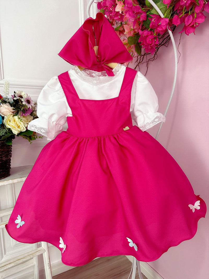 Vestido Infantil Jardineira Rosa com Lenço Luxo