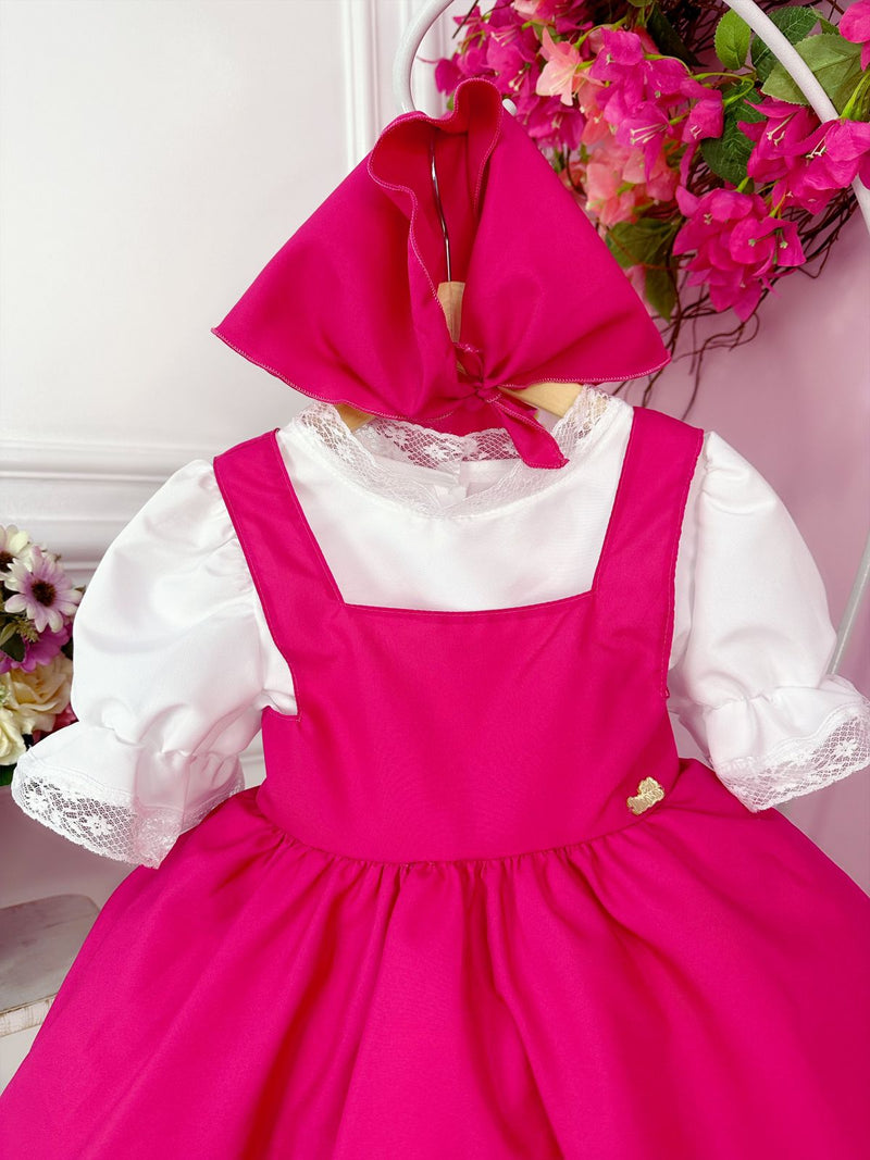 Vestido Infantil Jardineira Rosa com Lenço Luxo