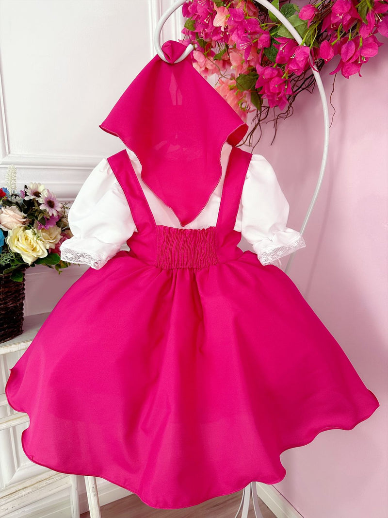 Vestido Infantil Jardineira Rosa com Lenço Luxo