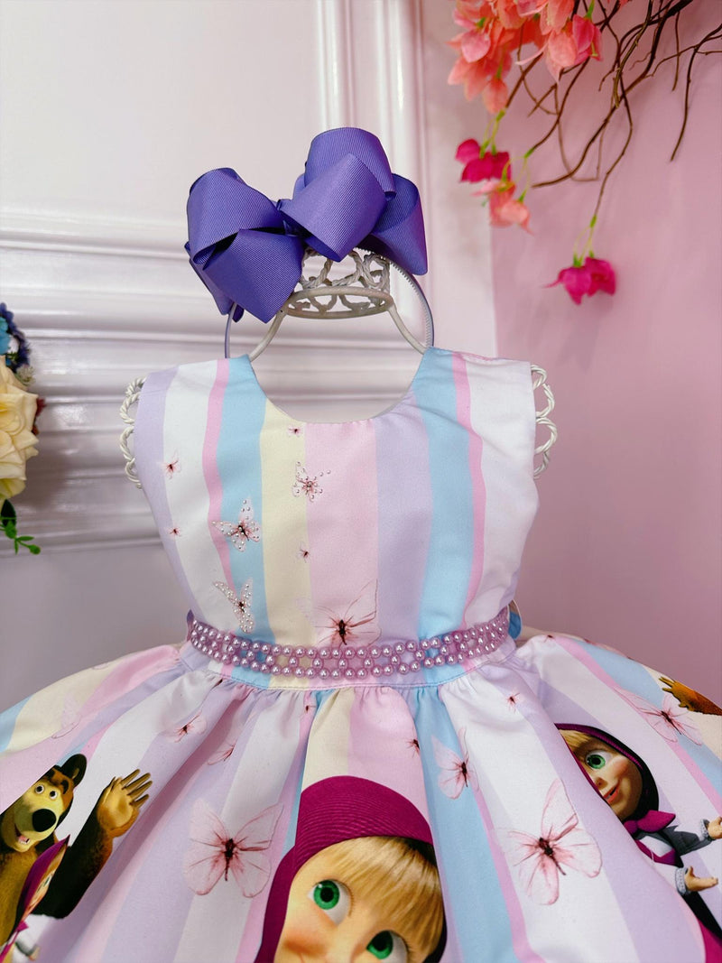 Vestido Infantil Masha e o Urso C/ Borboletas Cinto Pérolas