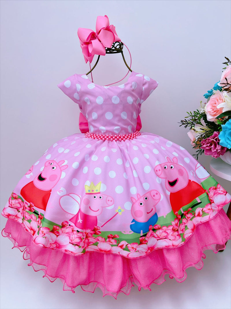 Vestido Infantil Rosa Bolinhas Brancas Peppa