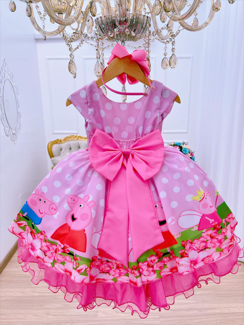 Vestido Infantil Rosa Bolinhas Brancas Peppa