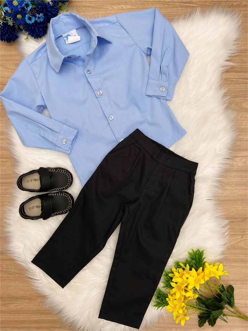 Conjunto Social Camisa Azul e Calça Sarja Preto