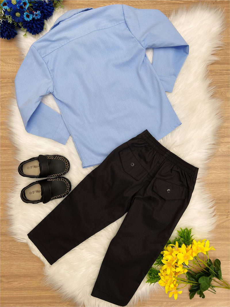 Conjunto Social Camisa Azul e Calça Sarja Preto