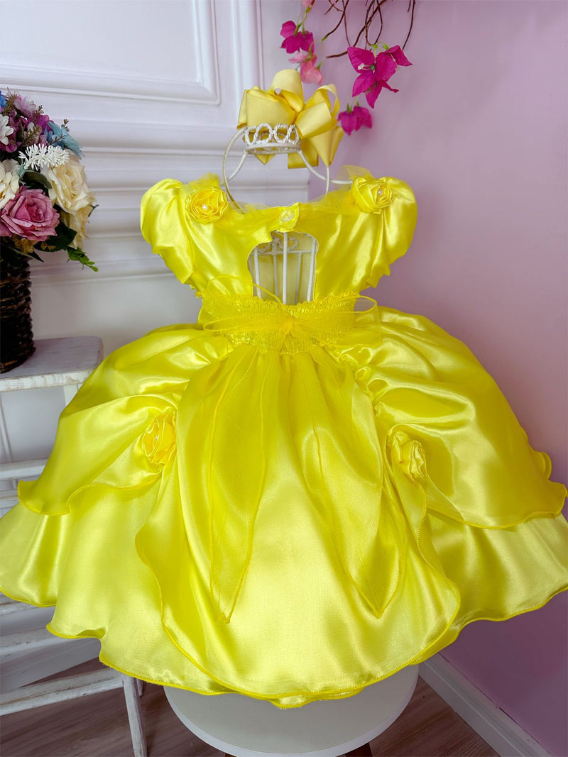 Vestido Infantil Bela e a Fera C/ Aplique Flores Princesas