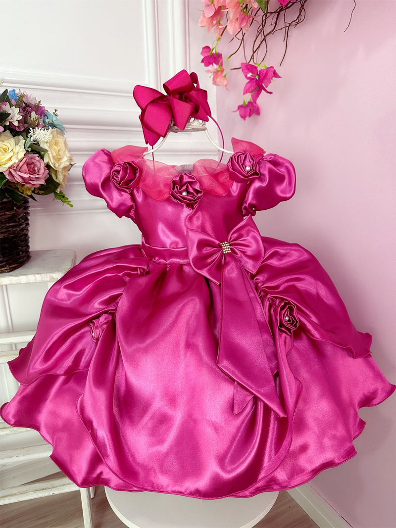 Vestido Infantil Bela Adormecia Rosa Aplique Flor Princesas