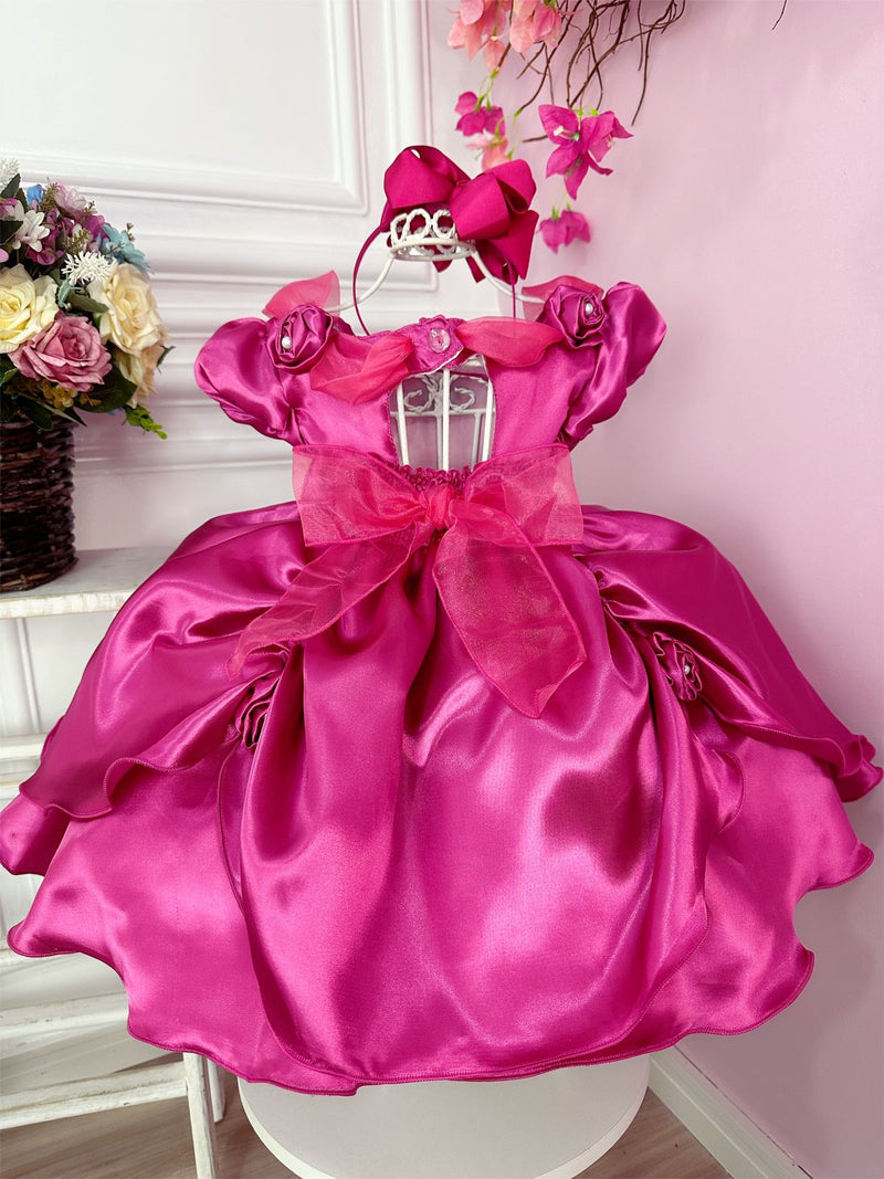 Vestido Infantil Bela Adormecia Rosa Aplique Flor Princesas