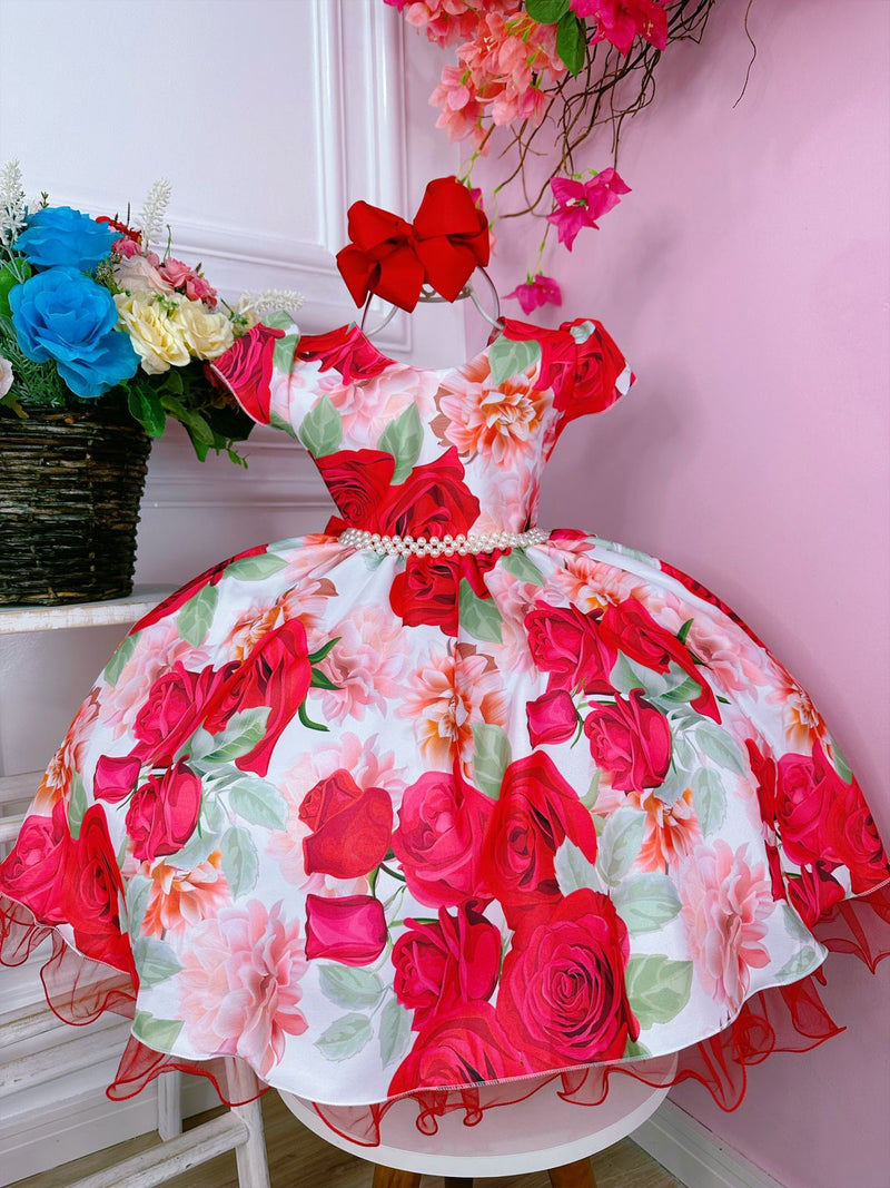 Vestido Infantil Vermelho Florido C/ Cinto de Pérolas Luxo