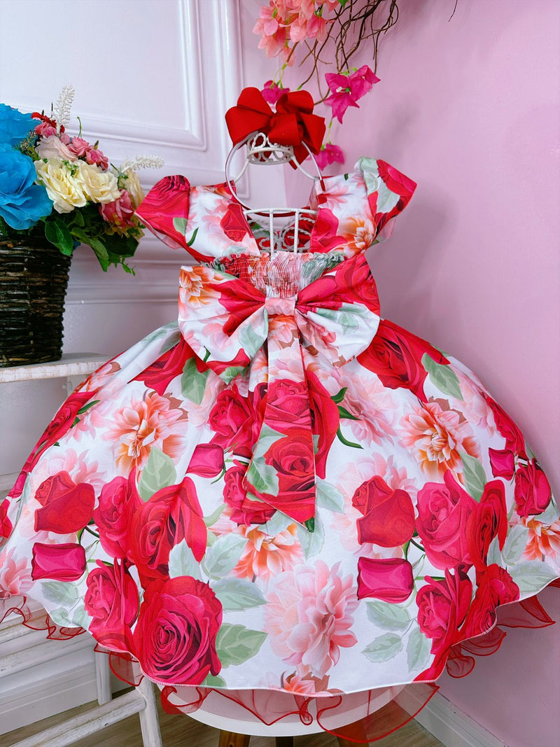 Vestido Infantil Vermelho Florido C/ Cinto de Pérolas Luxo