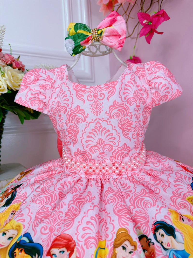 Vestido Infantil Princesas Rosa C/ Cinto de Pérolas e Laço