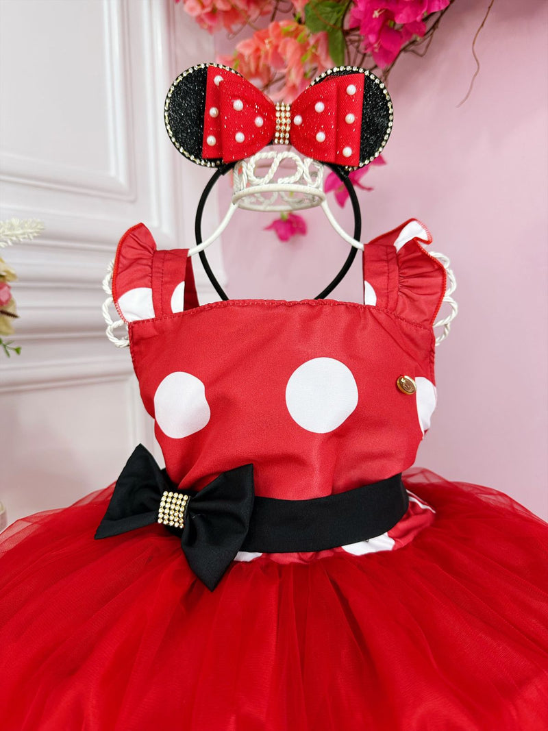 Vestido Infantil Vermelho Bolinhas C/ Broche Strass Luxo