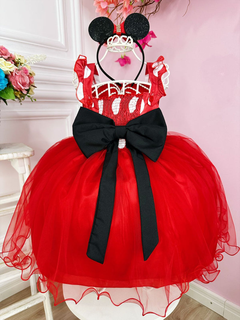 Vestido Infantil Vermelho Bolinhas C/ Broche Strass Luxo