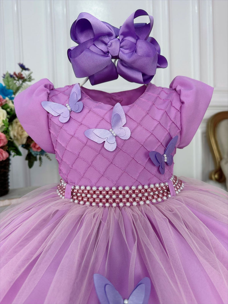 Vestido Infantil Lilás Peito Nervura Aplique de Borboletas