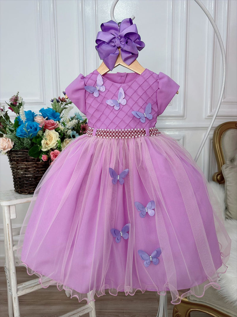 Vestido Infantil Lilás Peito Nervura Aplique de Borboletas