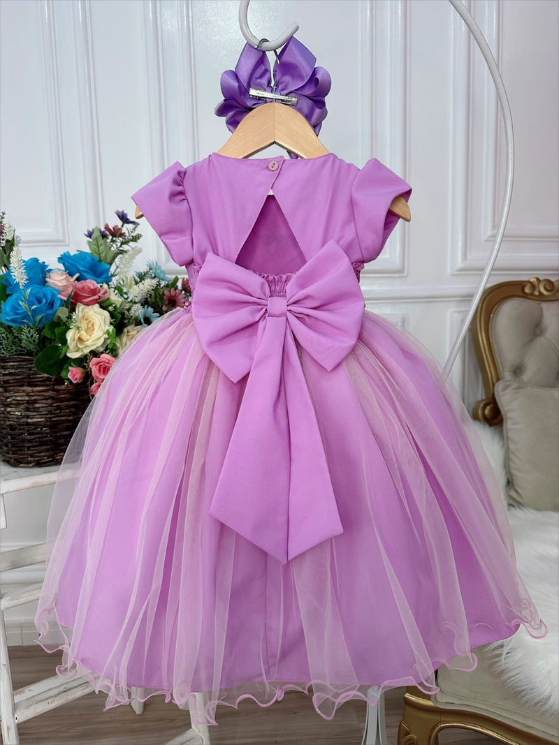 Vestido Infantil Lilás Peito Nervura Aplique de Borboletas