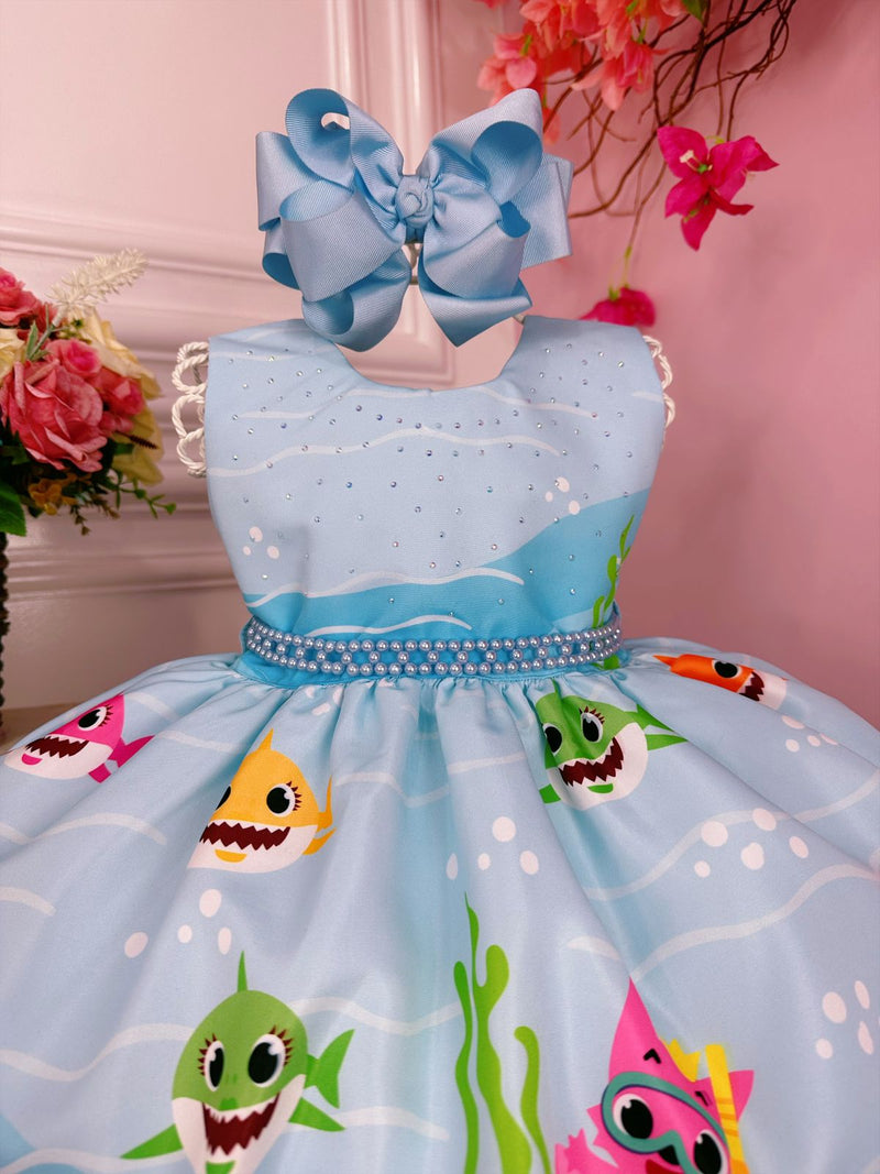 Vestido Infantil Turma Baby Shark Fundo do Mar Peito Strass