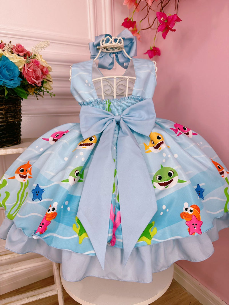 Vestido Infantil Turma Baby Shark Fundo do Mar Peito Strass