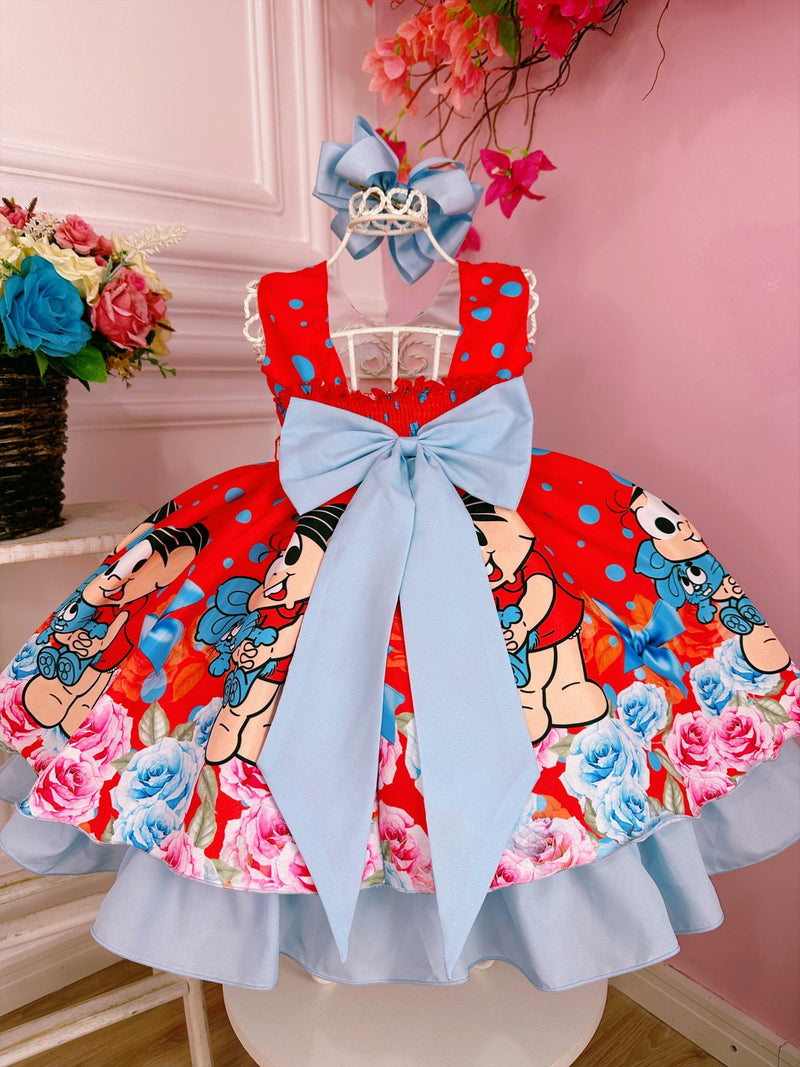 Vestido Infantil da Mônica e Sansão Vermelho Florido Luxo