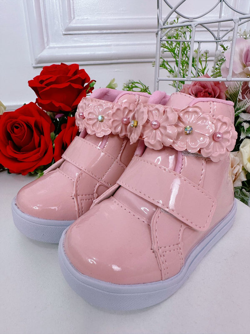 Coturno Infantil Rosa Verniz C/ Velcro e Aplique Florzinhas