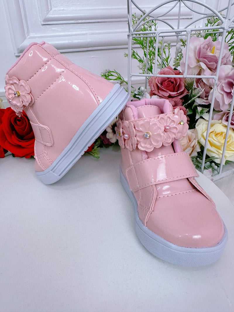 Coturno Infantil Rosa Verniz C/ Velcro e Aplique Florzinhas