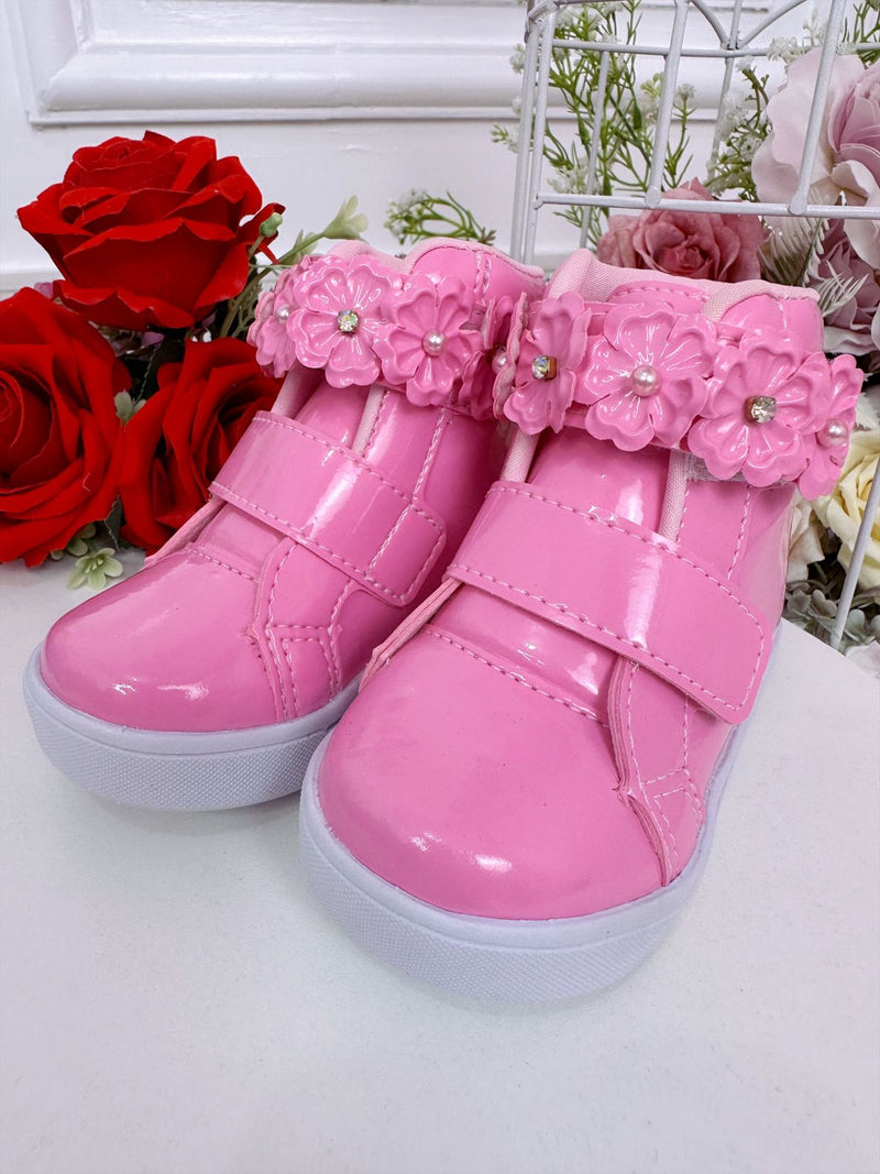 Coturno Infantil Rosa Chiclete Verniz C/ Velcro e Florzinhas