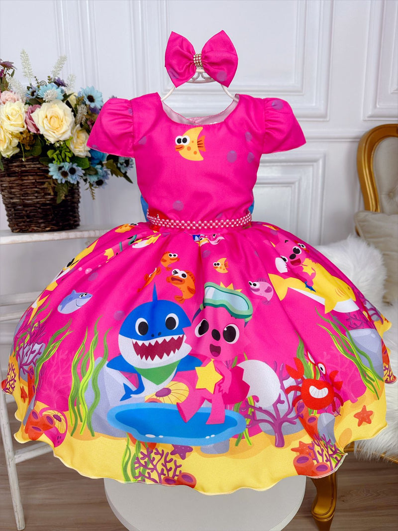 Vestido Infantil Baby Shark Brincando Fundo Mar Rosa C/ Laço