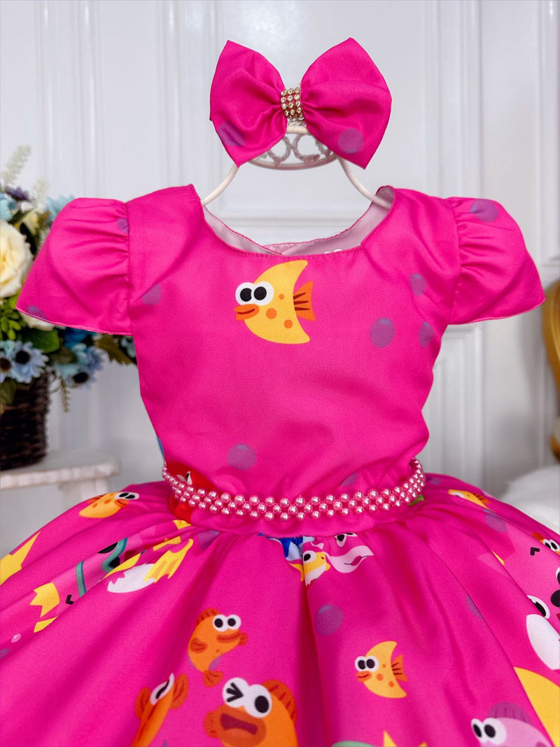 Vestido Infantil Baby Shark Brincando Fundo Mar Rosa C/ Laço