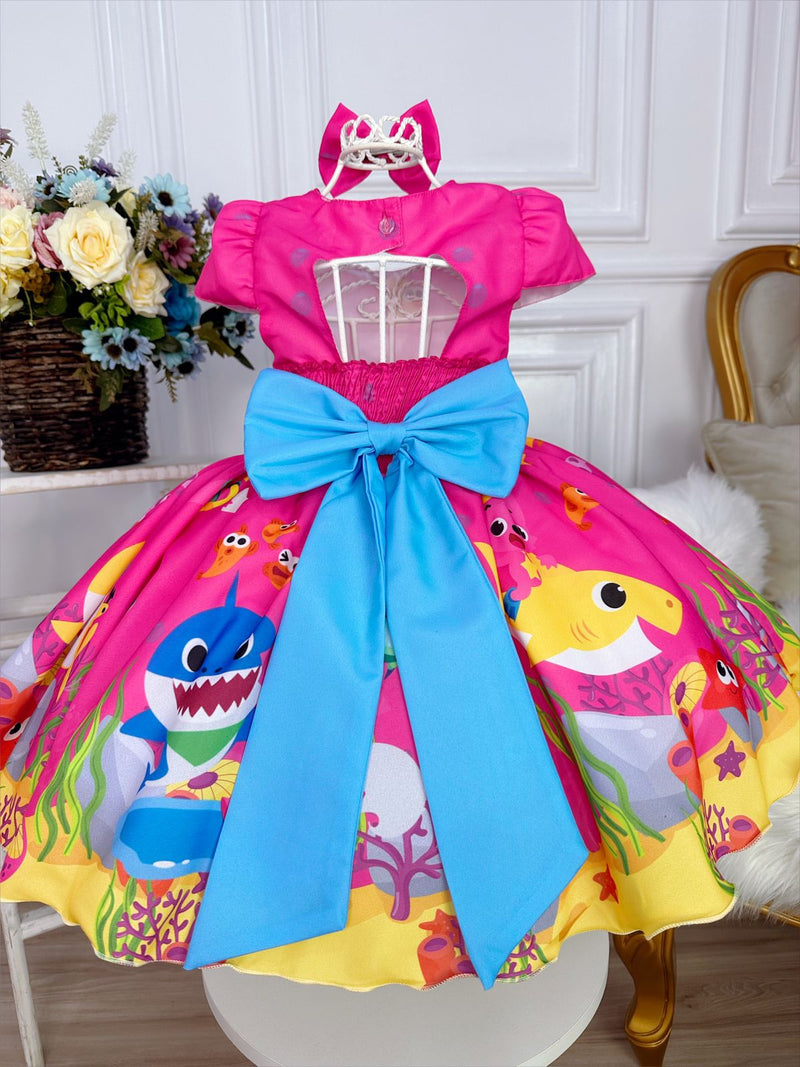 Vestido Infantil Baby Shark Brincando Fundo Mar Rosa C/ Laço