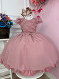 Vestido Infantil Rose Peito Nervura C/ Cinto de Pérolas Luxo