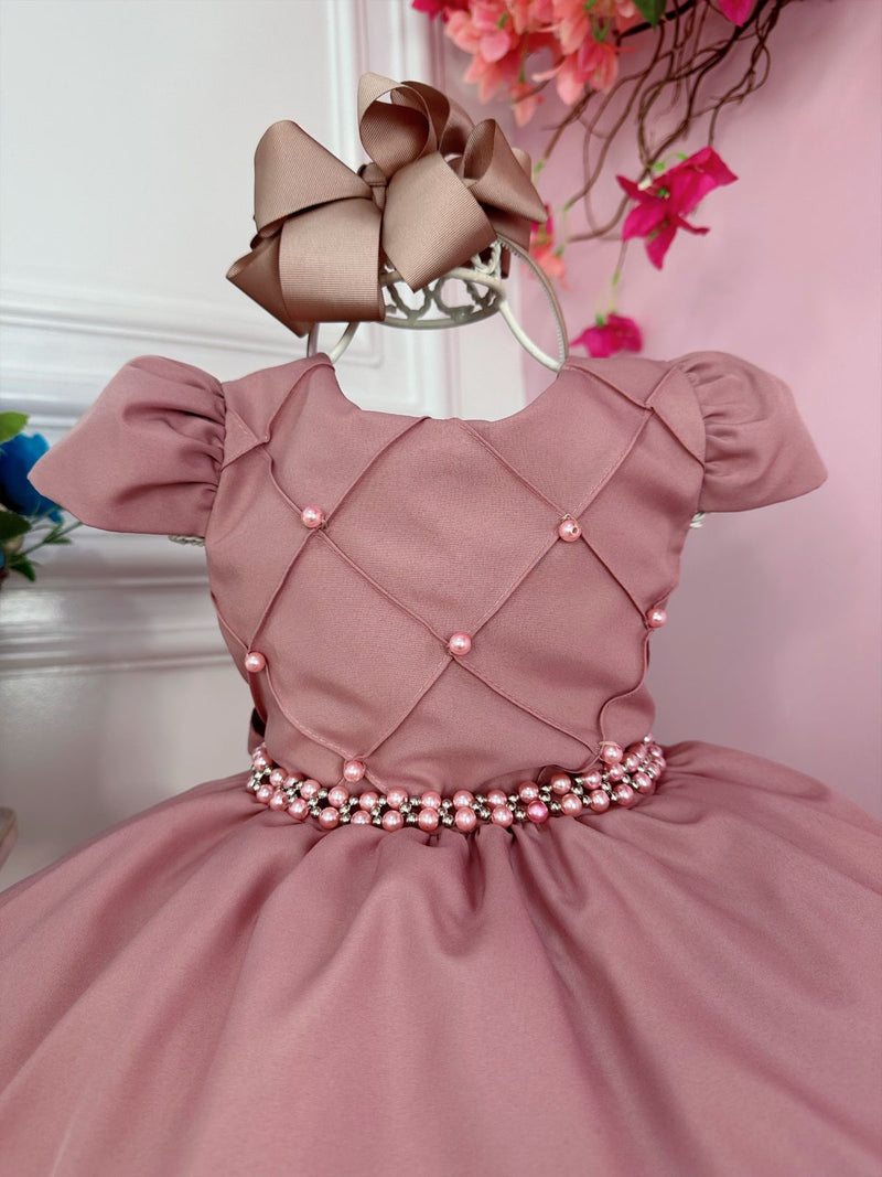 Vestido Infantil Rose Peito Nervura C/ Cinto de Pérolas Luxo