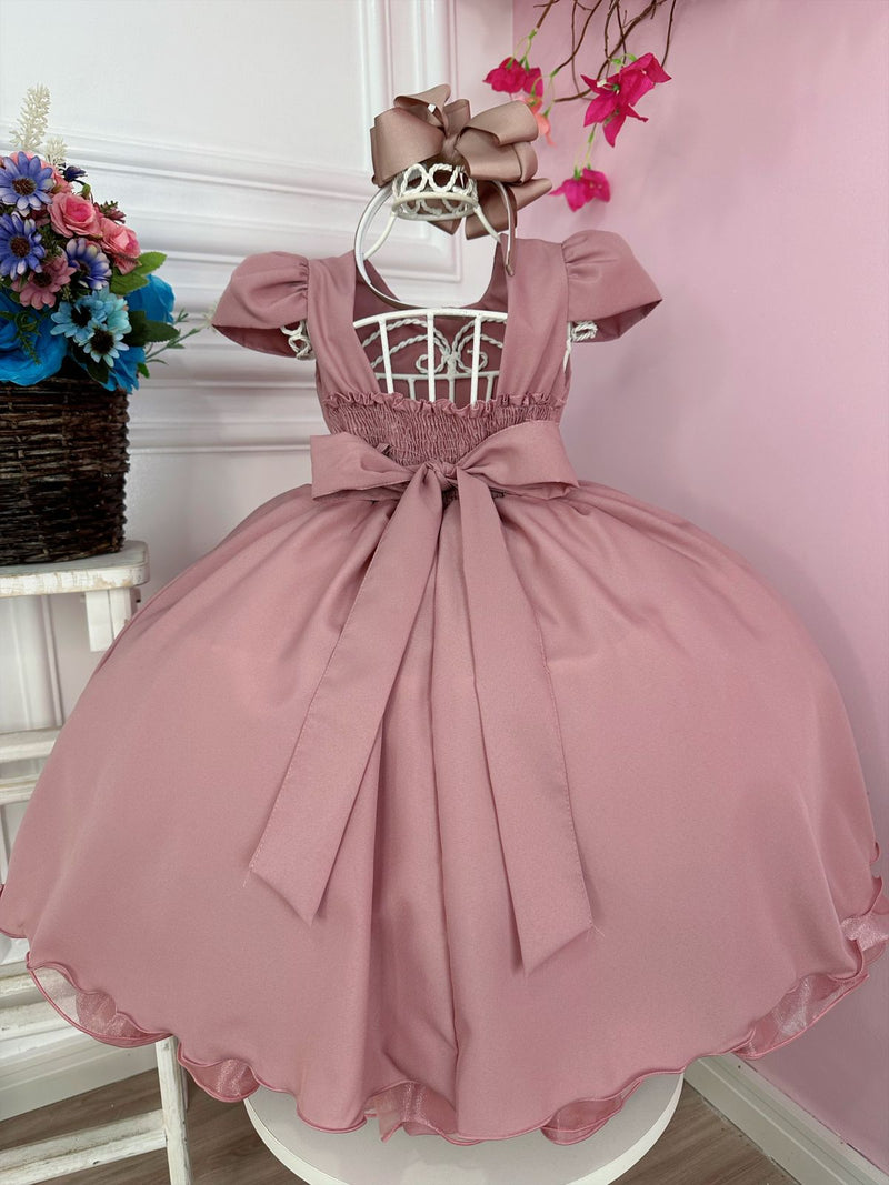 Vestido Infantil Rose Peito Nervura C/ Cinto de Pérolas Luxo