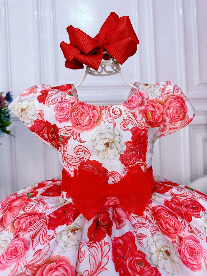 Vestido Infantil Branco Florido Com Cinto Vermelho Luxo