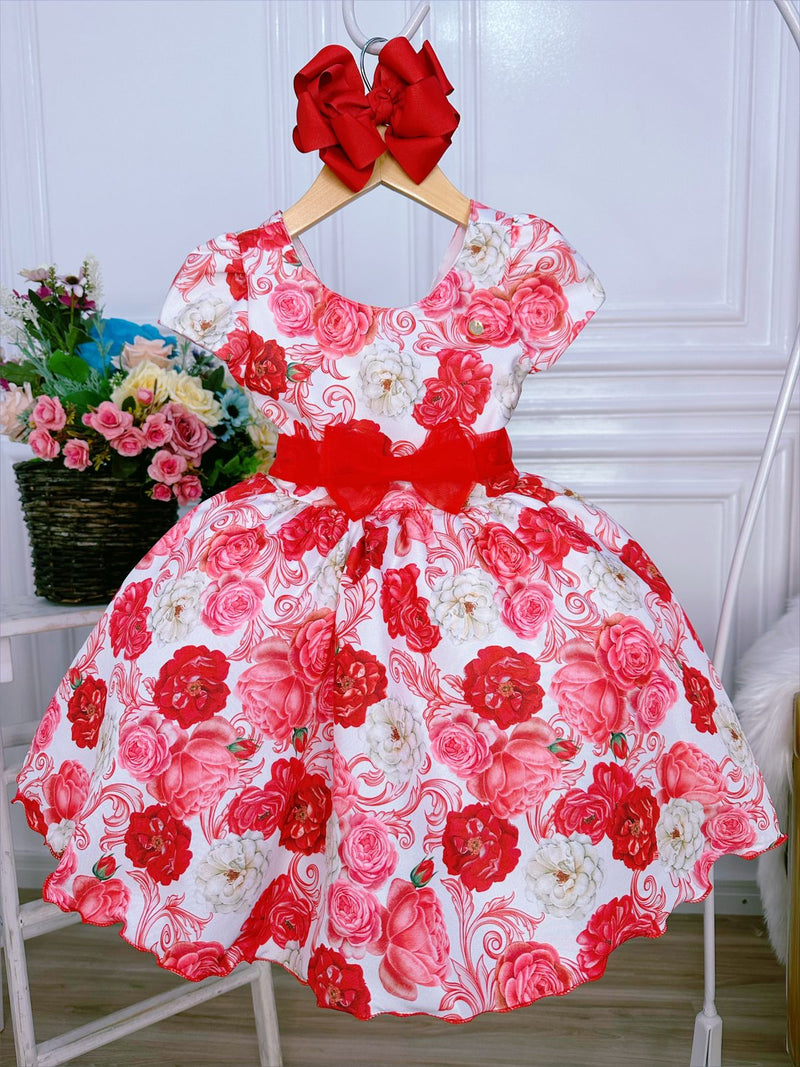 Vestido Infantil Branco Florido Com Cinto Vermelho Luxo