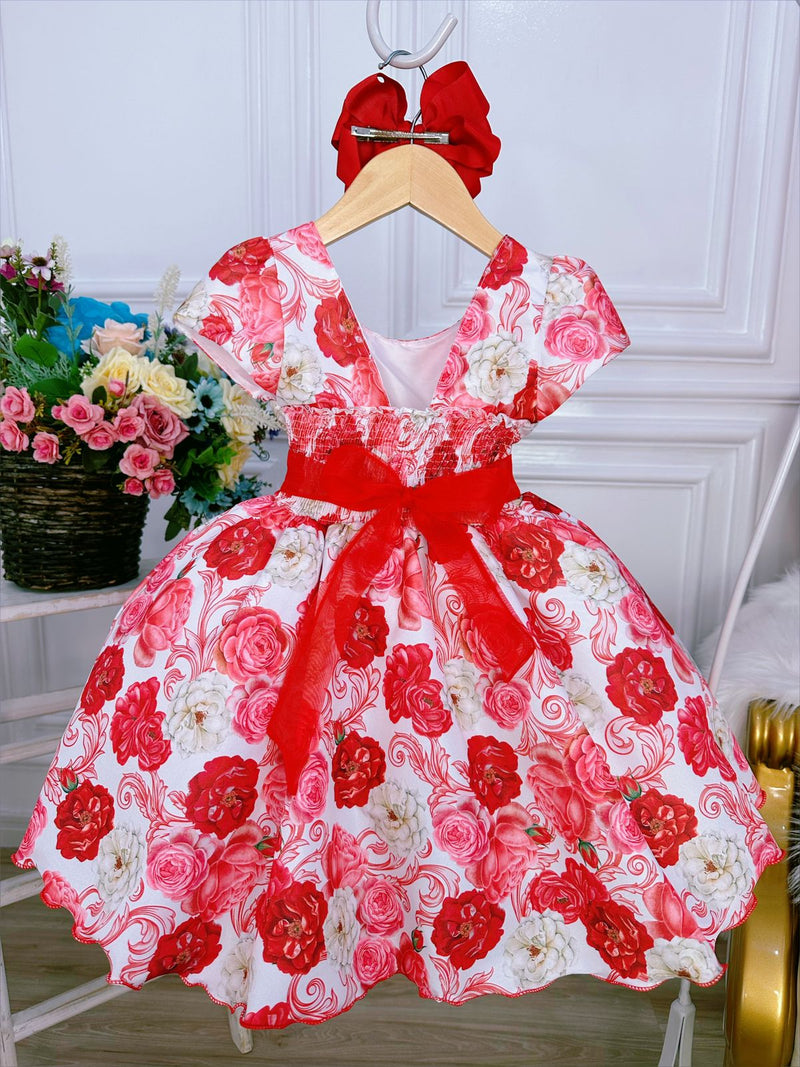 Vestido Infantil Branco Florido Com Cinto Vermelho Luxo