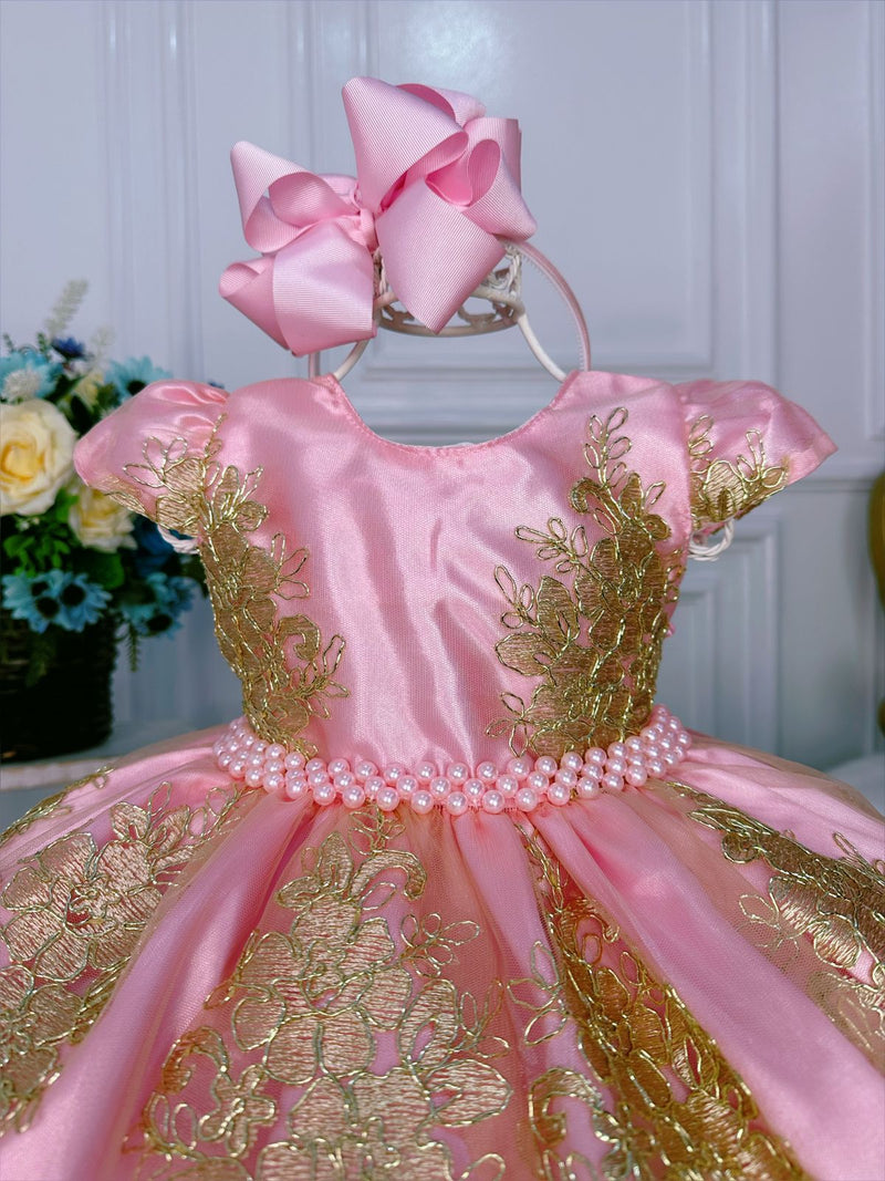 Vestido Infantil Rosa C/ Renda Realeza Dourada Cinto Pérolas