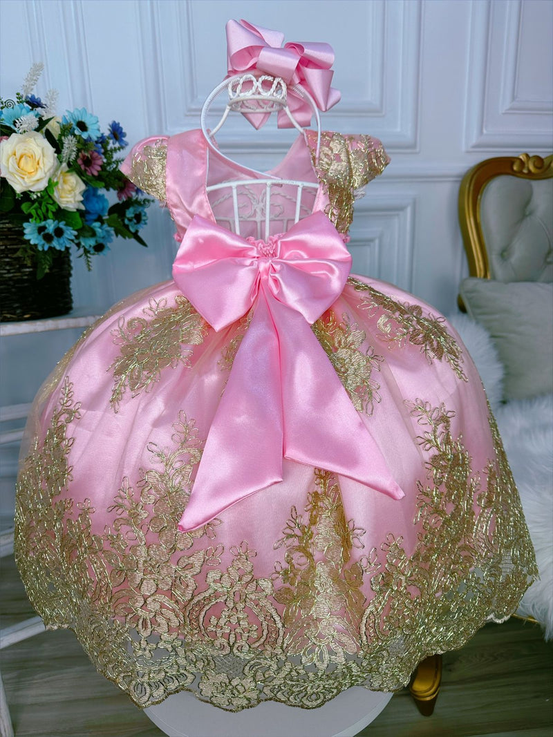 Vestido Infantil Rosa C/ Renda Realeza Dourada Cinto Pérolas