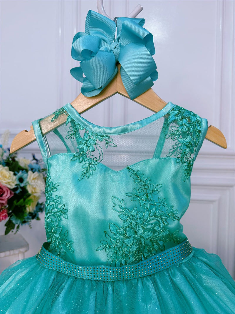 Vestido Infantil Verde Renda Realeza e Tule C/ Glitter