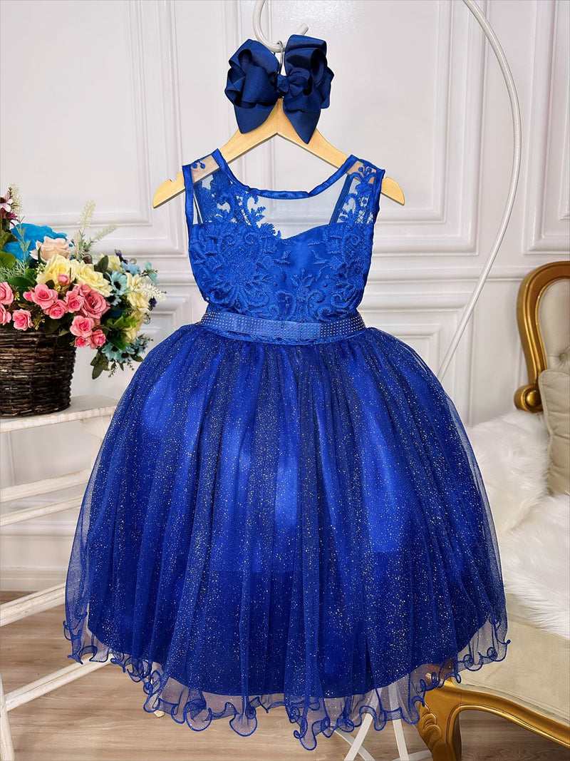 Vestido Infantil Azul Royal Renda Realeza Tule C/ Glitter