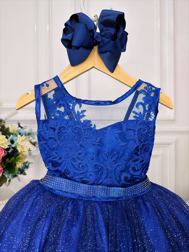 Vestido Infantil Azul Royal Renda Realeza Tule C/ Glitter