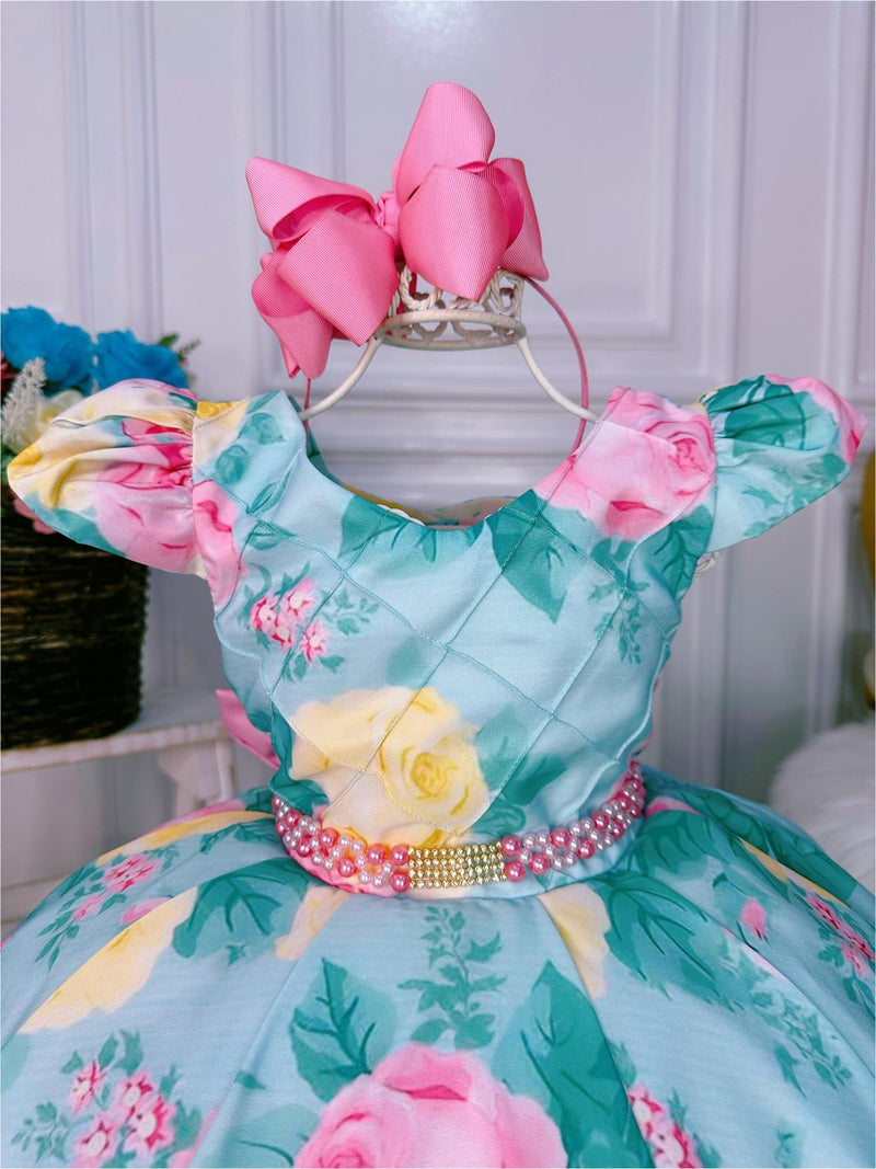 Vestido Infantil Verde Peito Nervura Florido Pérolas Strass