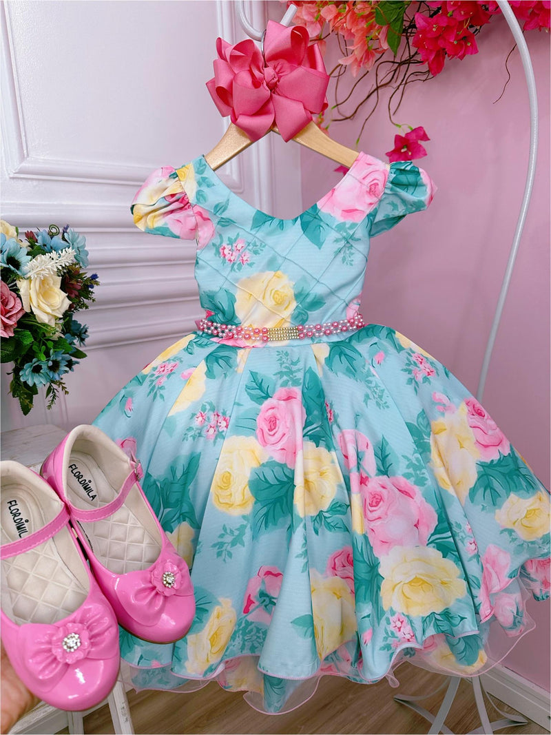 Vestido Infantil Verde Peito Nervura Florido Pérolas Strass