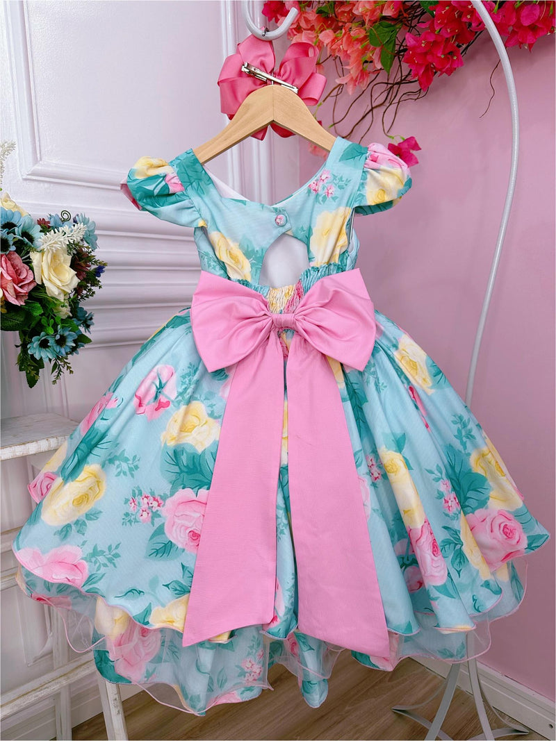 Vestido Infantil Verde Peito Nervura Florido Pérolas Strass