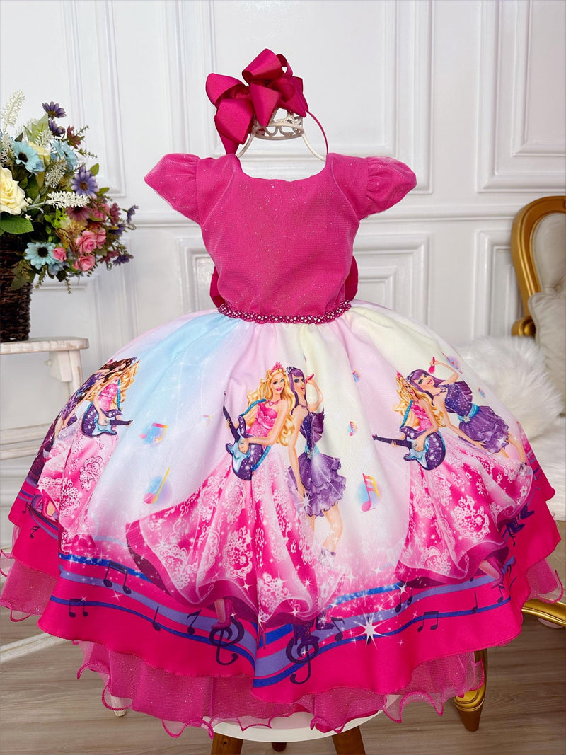 Vestido Infantil Princesa Festa da Barbie Rosa Peito Glitter