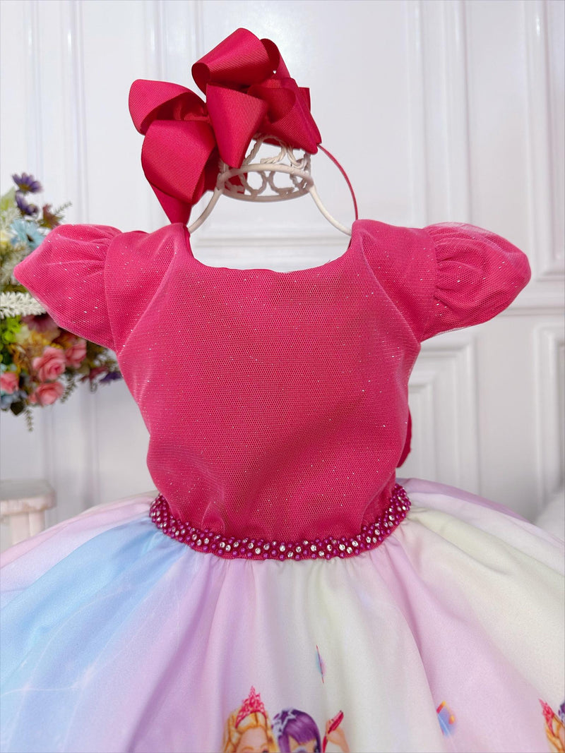 Vestido Infantil Princesa Festa da Barbie Rosa Peito Glitter